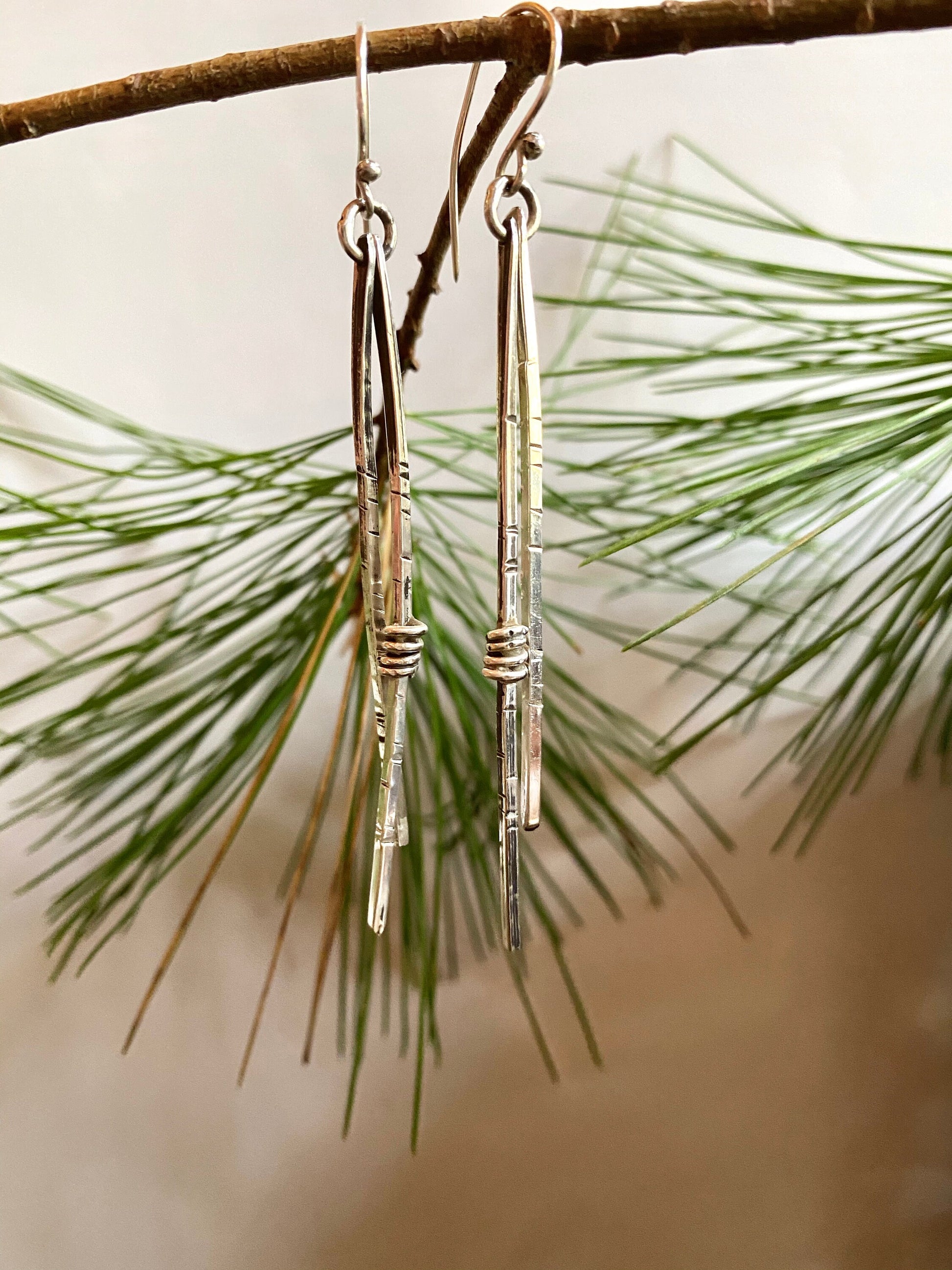 Norwegian Woods Long Silver Dangle Earrings Original Design Pine needle earrings Evitts Creek Lois McManus