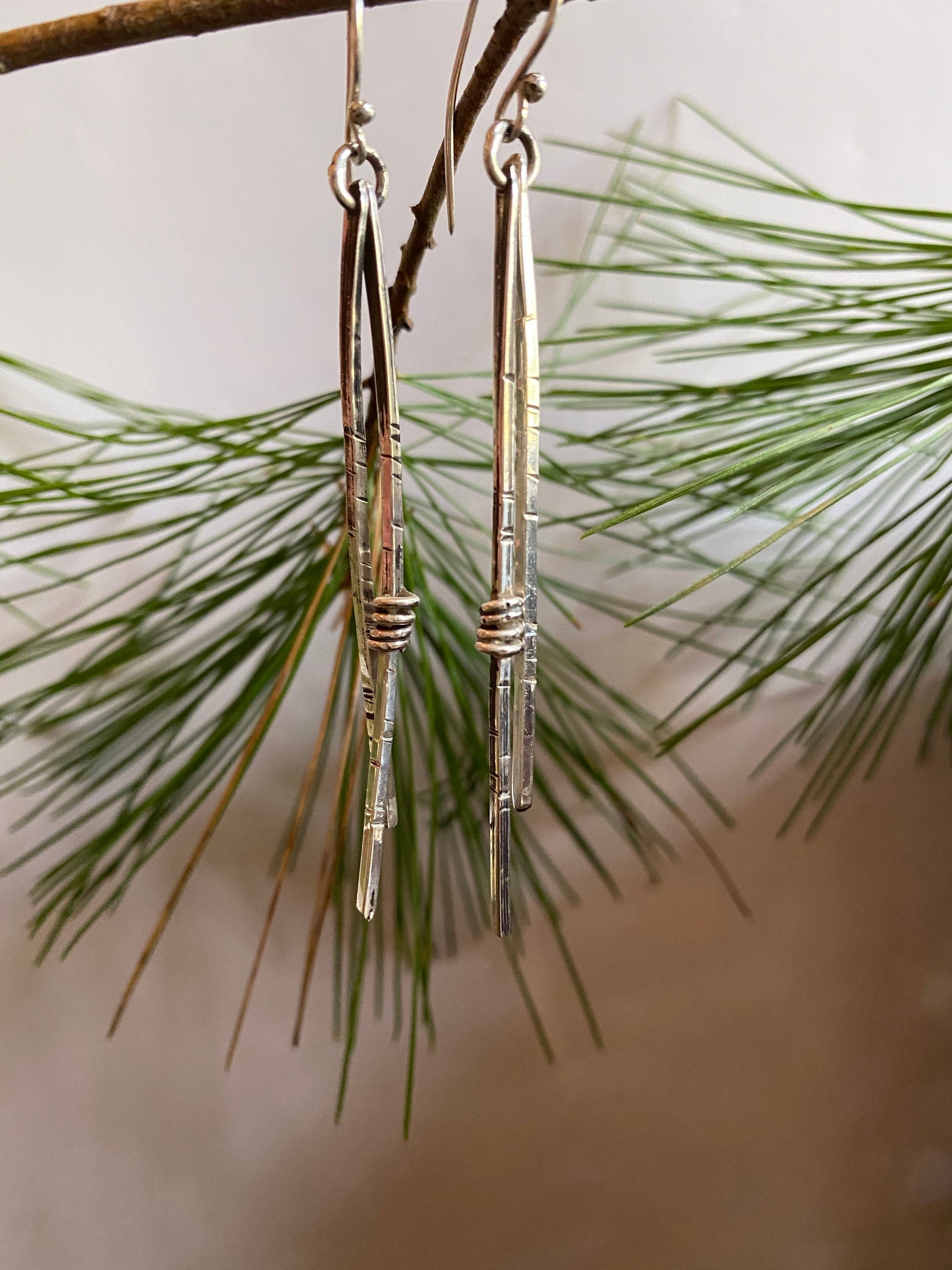 Norwegian Woods Long Silver Dangle Earrings Original Design Pine needle earrings Evitts Creek Lois McManus