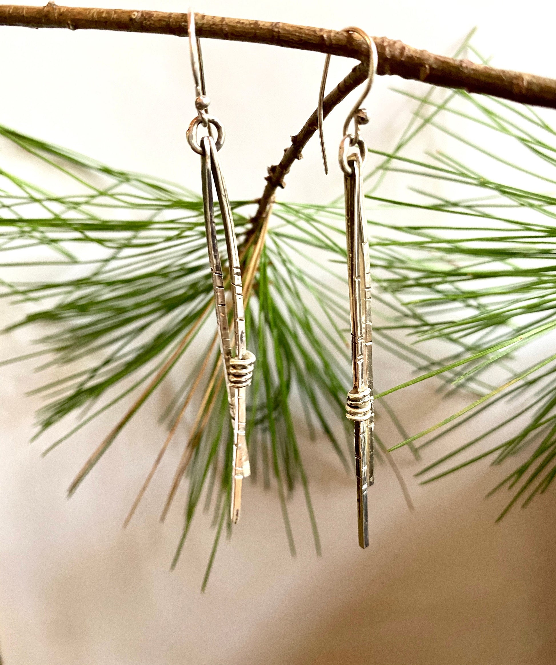 Norwegian Woods Long Silver Dangle Earrings Original Design Pine needle earrings Evitts Creek Lois McManus