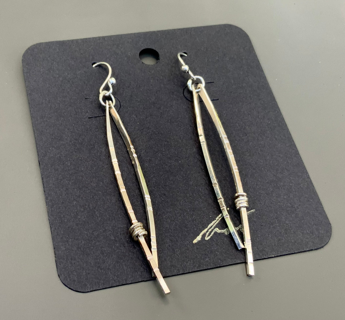 Norwegian Woods Long Silver Dangle Earrings Original Design Pine needle earrings Evitts Creek Lois McManus