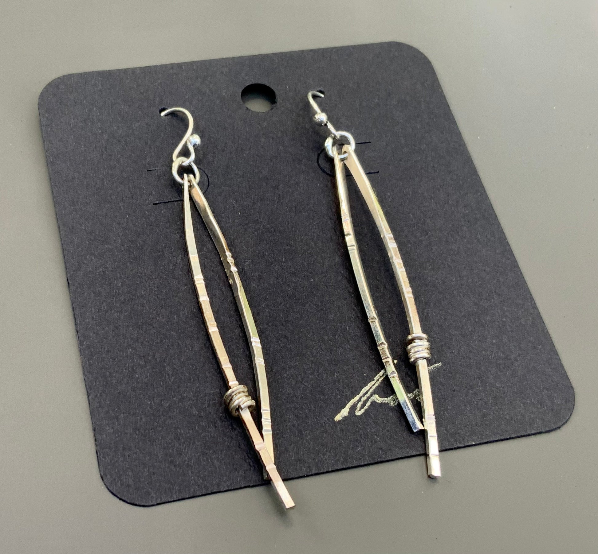 Norwegian Woods Long Silver Dangle Earrings Original Design Pine needle earrings Evitts Creek Lois McManus