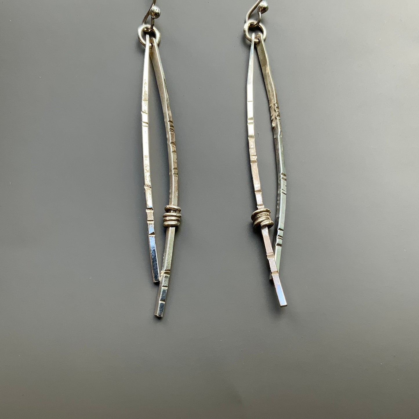Norwegian Woods Long Silver Dangle Earrings Original Design Pine needle earrings Evitts Creek Lois McManus