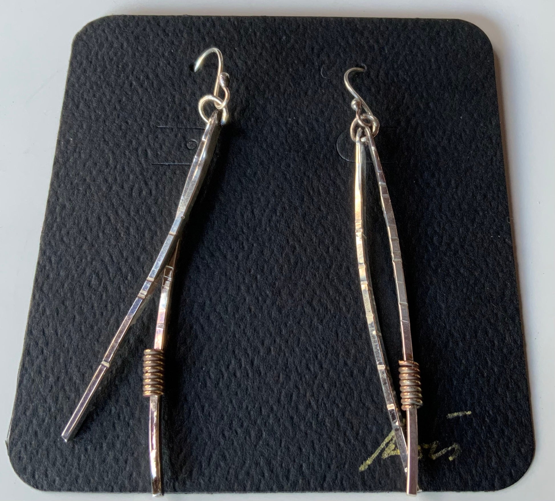 Long Pine Needle Earrings, Sterling Silver and Brass
