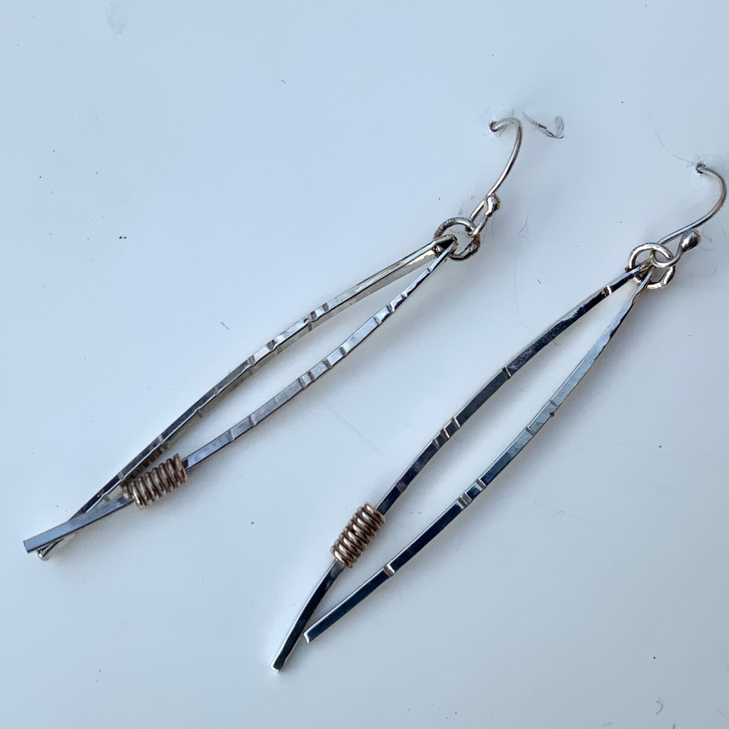 Long Pine Needle Earrings, Sterling Silver and Brass