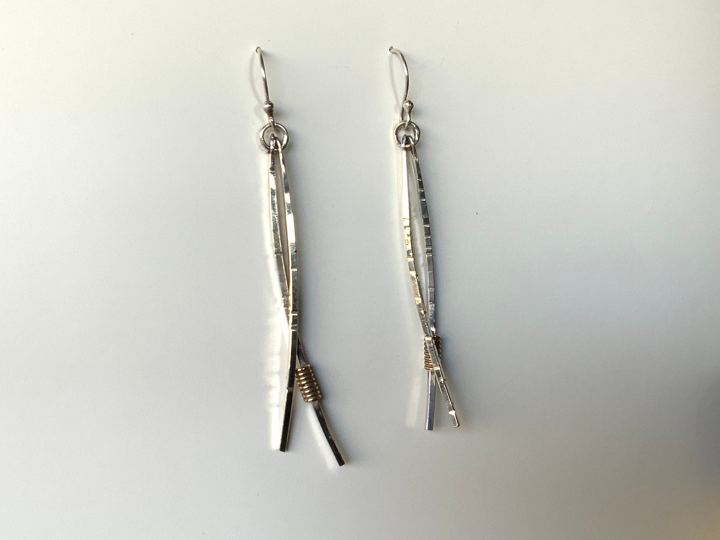 Long Pine Needle Earrings, Sterling Silver and Brass