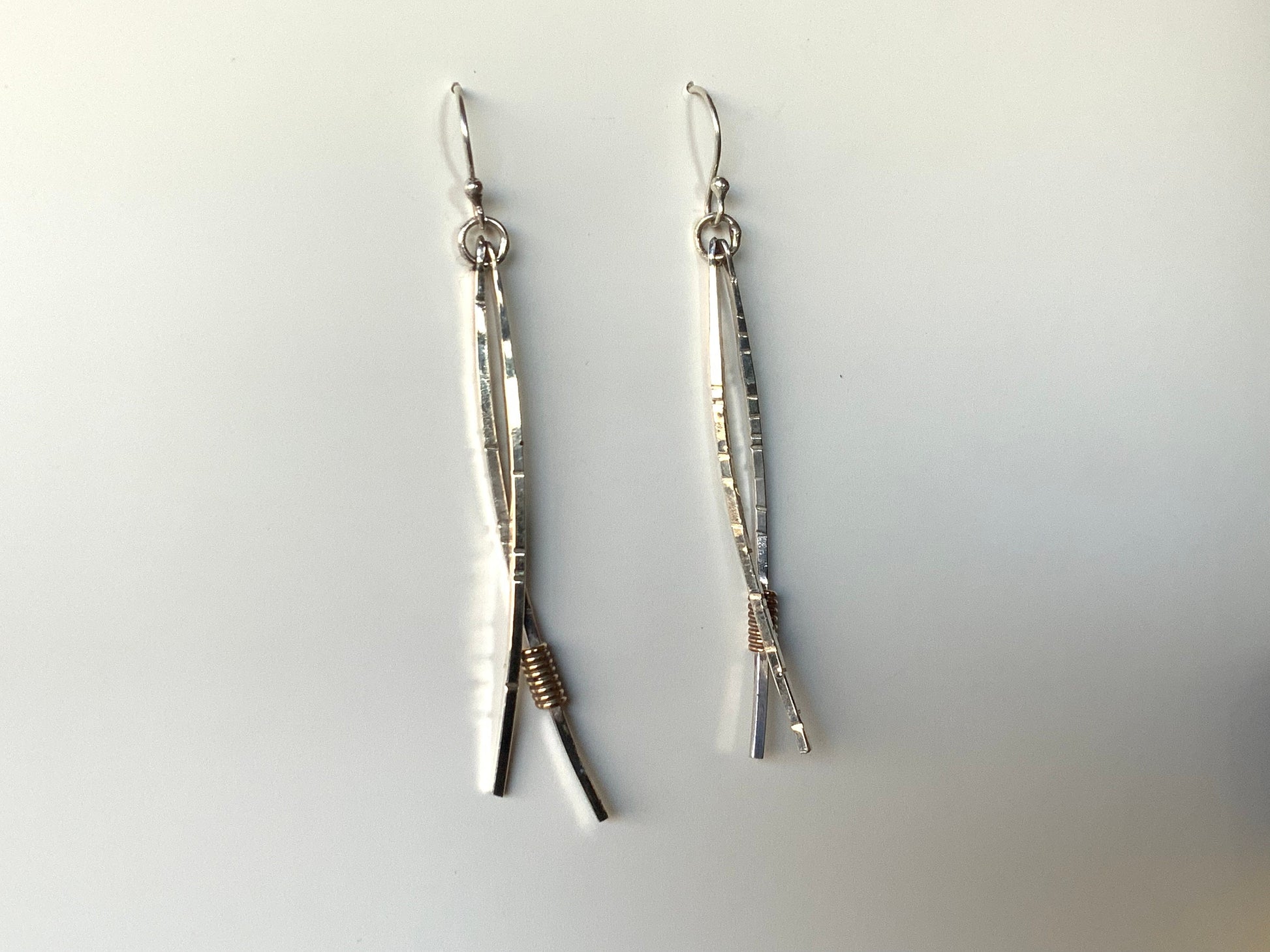 Long Pine Needle Earrings, Sterling Silver and Brass