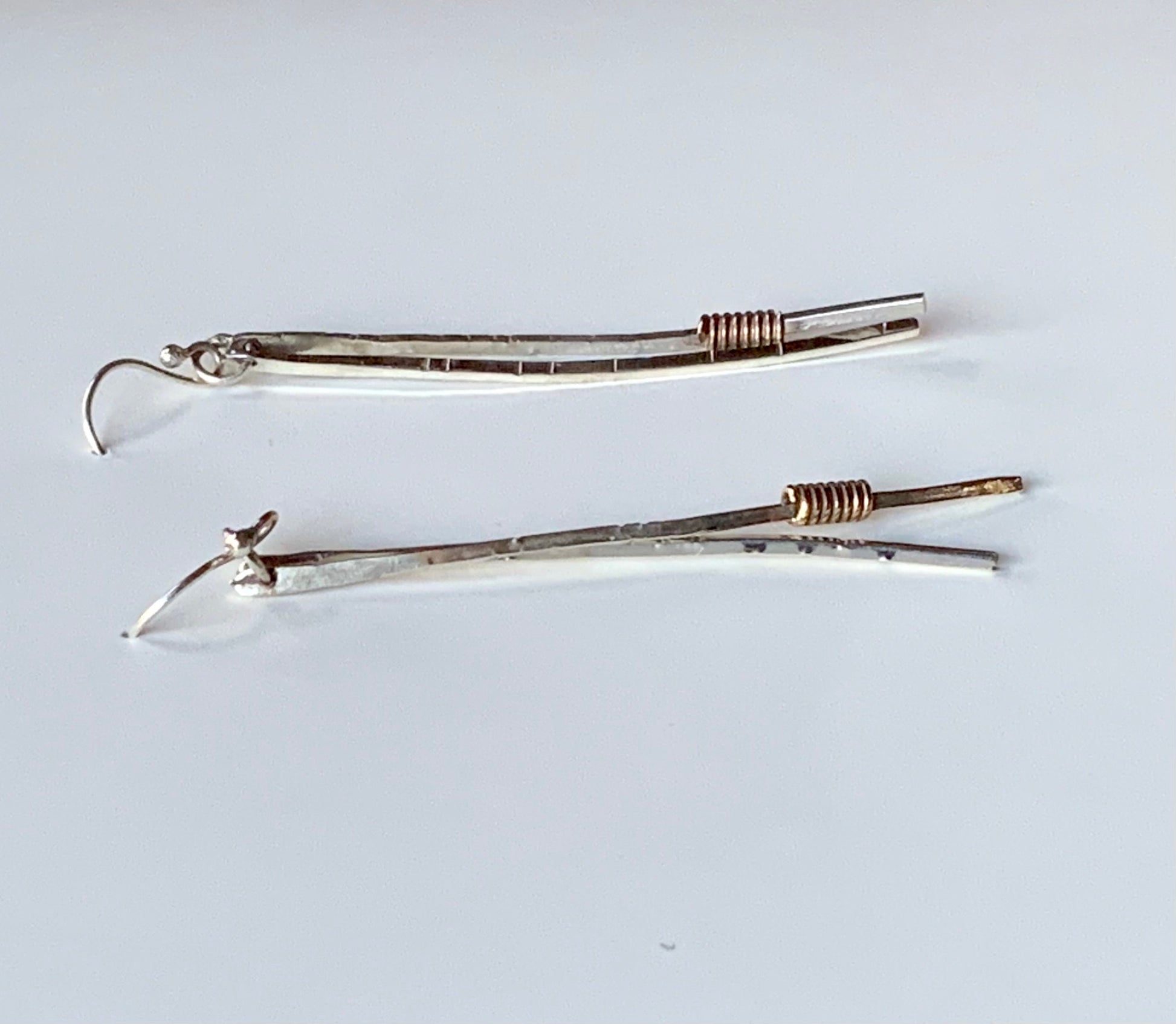 Long Pine Needle Earrings, Sterling Silver and Brass