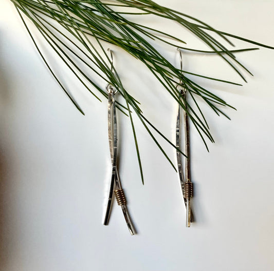 Long Pine Needle Earrings, Sterling Silver and Brass