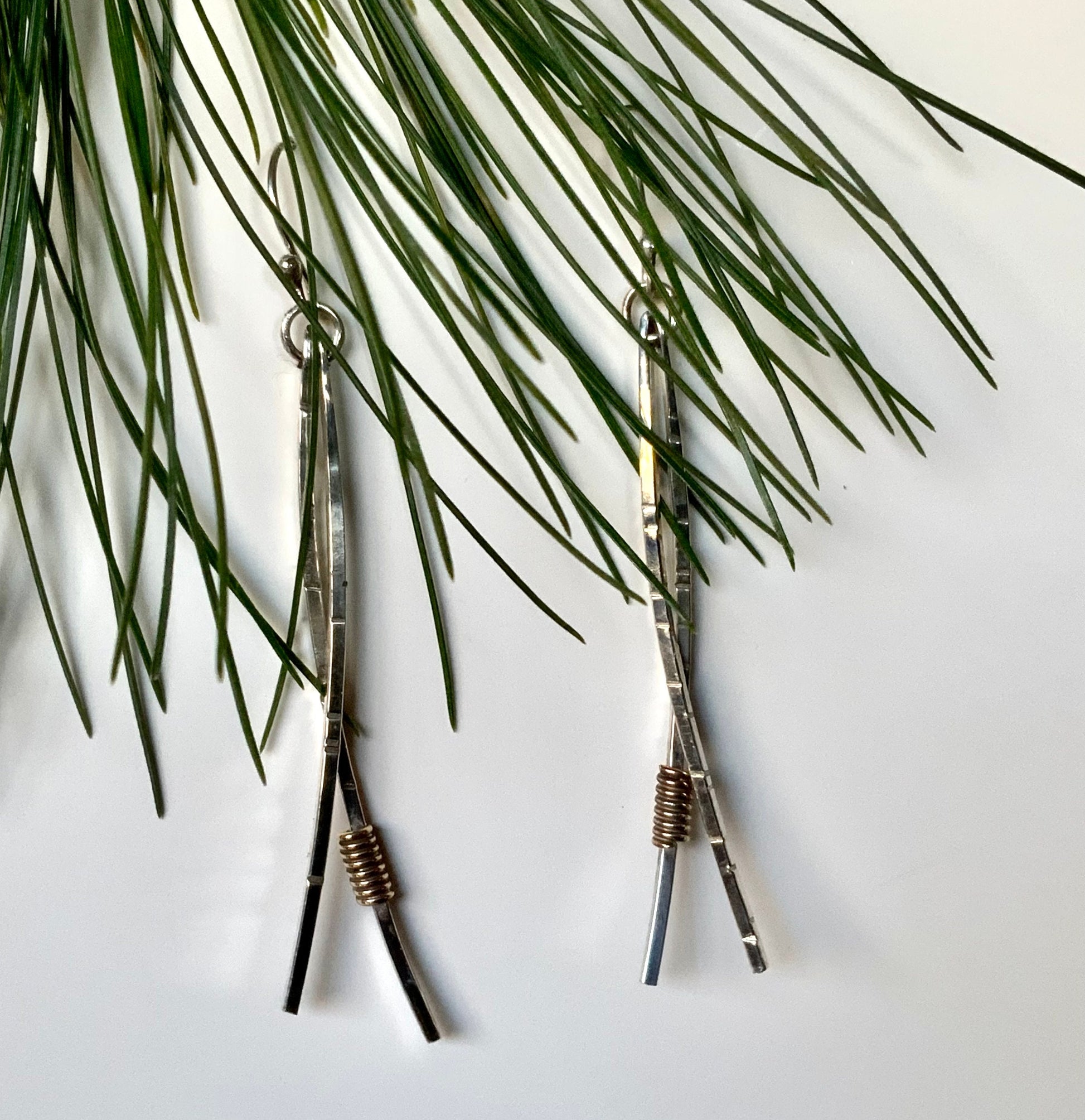 Long Pine Needle Earrings, Sterling Silver and Brass