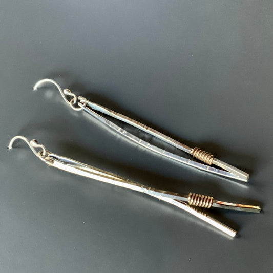 Long Pine Needle Earrings, Sterling Silver and Brass - Evitts Creek Arts