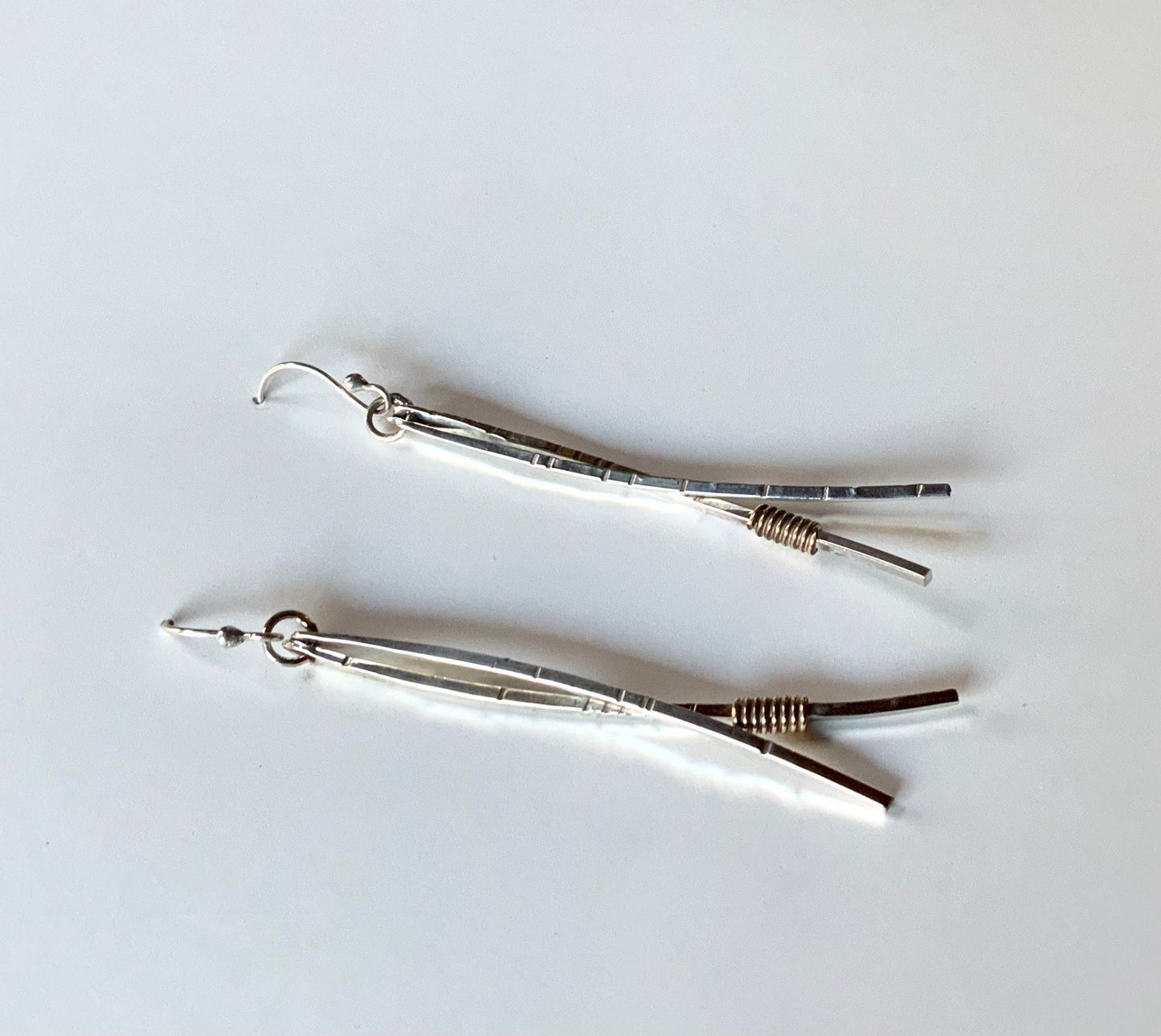 Long Pine Needle Earrings, Sterling Silver and Brass - Evitts Creek Arts