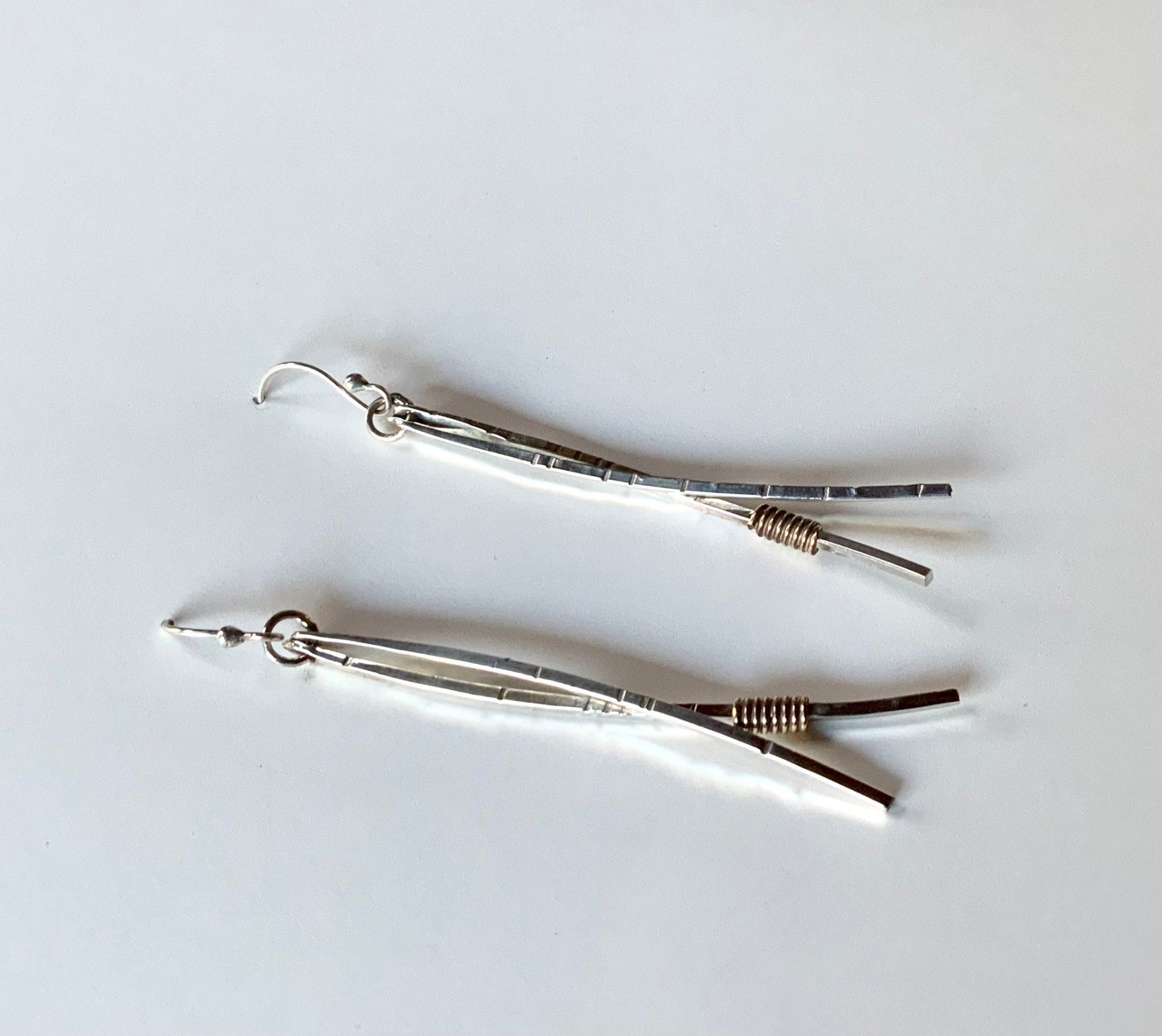 Long Pine Needle Earrings, Sterling Silver and Brass - Evitts Creek Arts