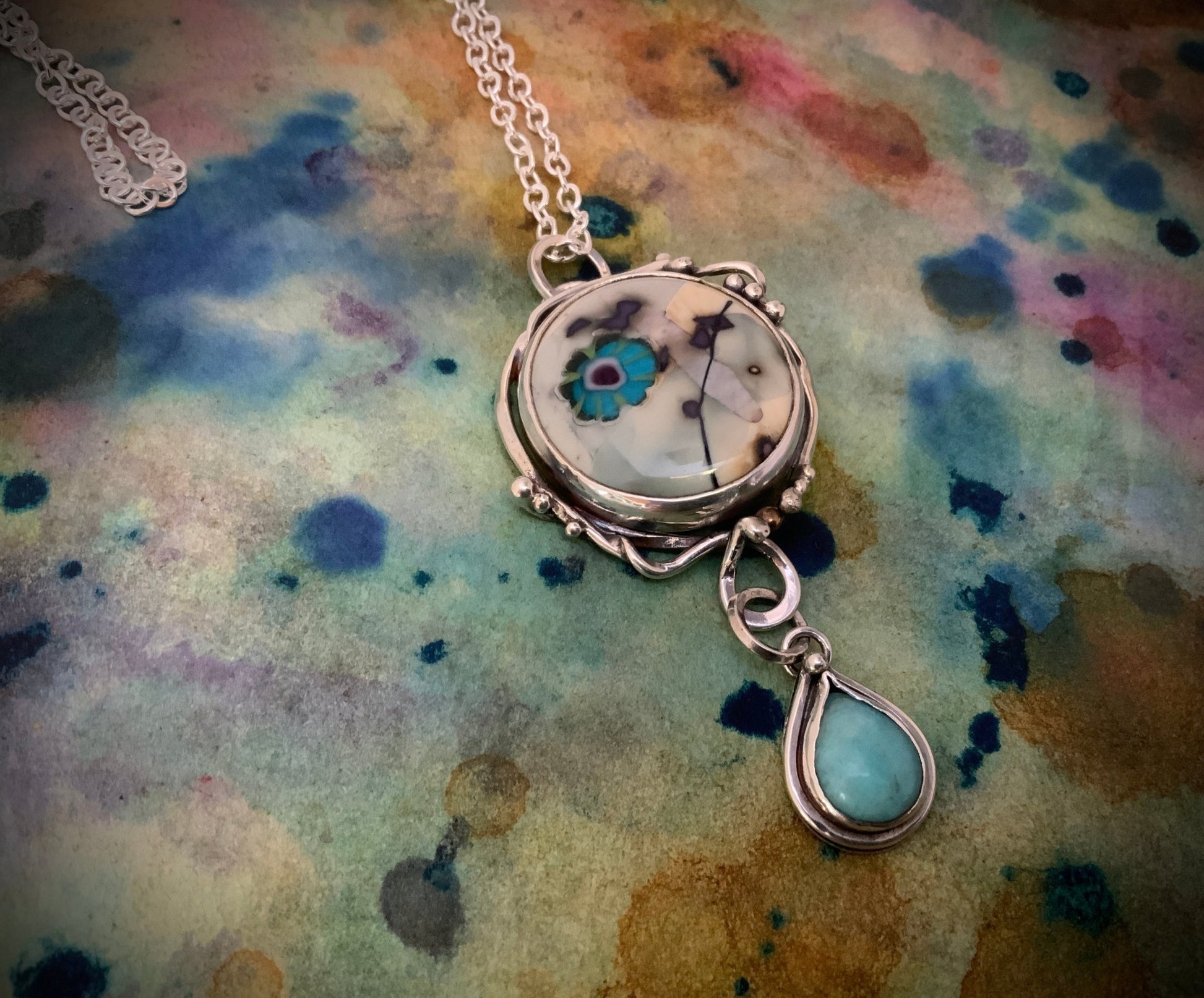 Mystical lavaliere pendant in handmade sterling silver with vintage style Lamp work and amazonite pendant