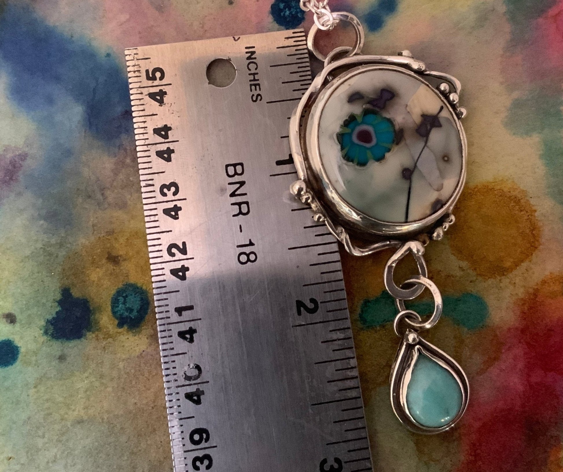 Mystical lavaliere pendant in handmade sterling silver with vintage style Lamp work and amazonite pendant