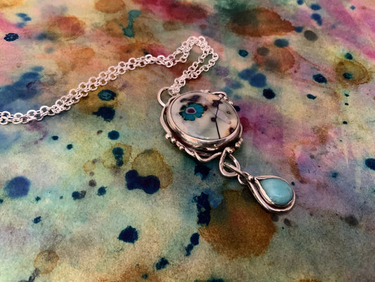 Mystical lavaliere pendant in handmade sterling silver with vintage style Lamp work and amazonite pendant