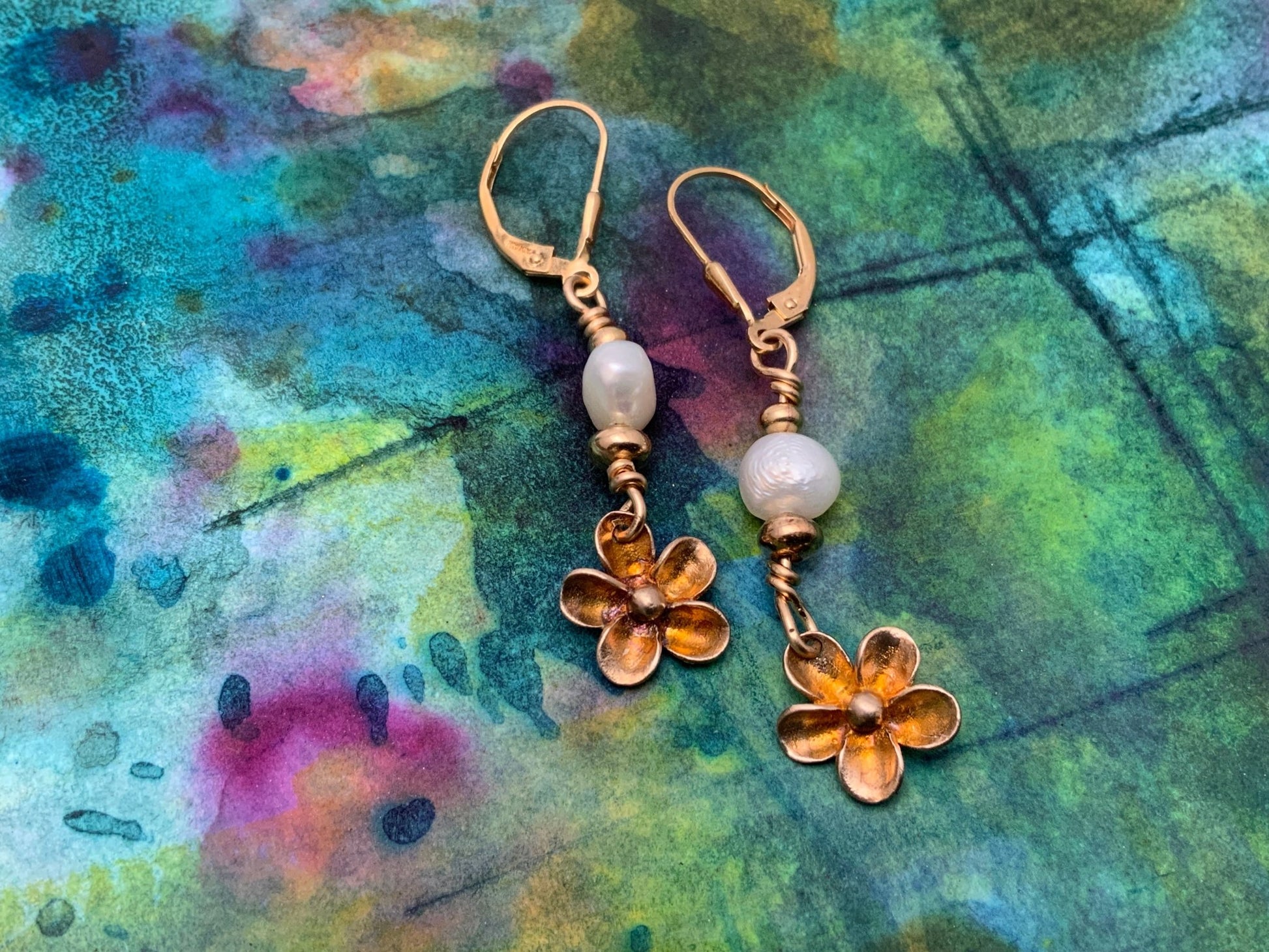 Pearl and Flower Dangly Earrings - Evitts Creek Arts