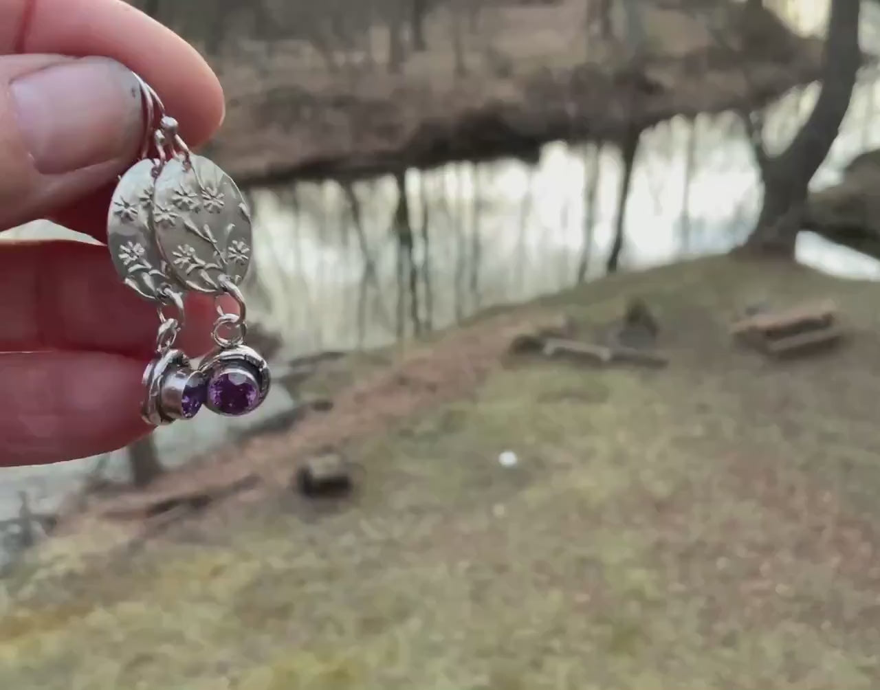 Handmade Sterling Silver Earrings with Embossed Art Nouveau Pattern and Purple Amethyst Accent - Bohemian 1920s Inspired Jewelry