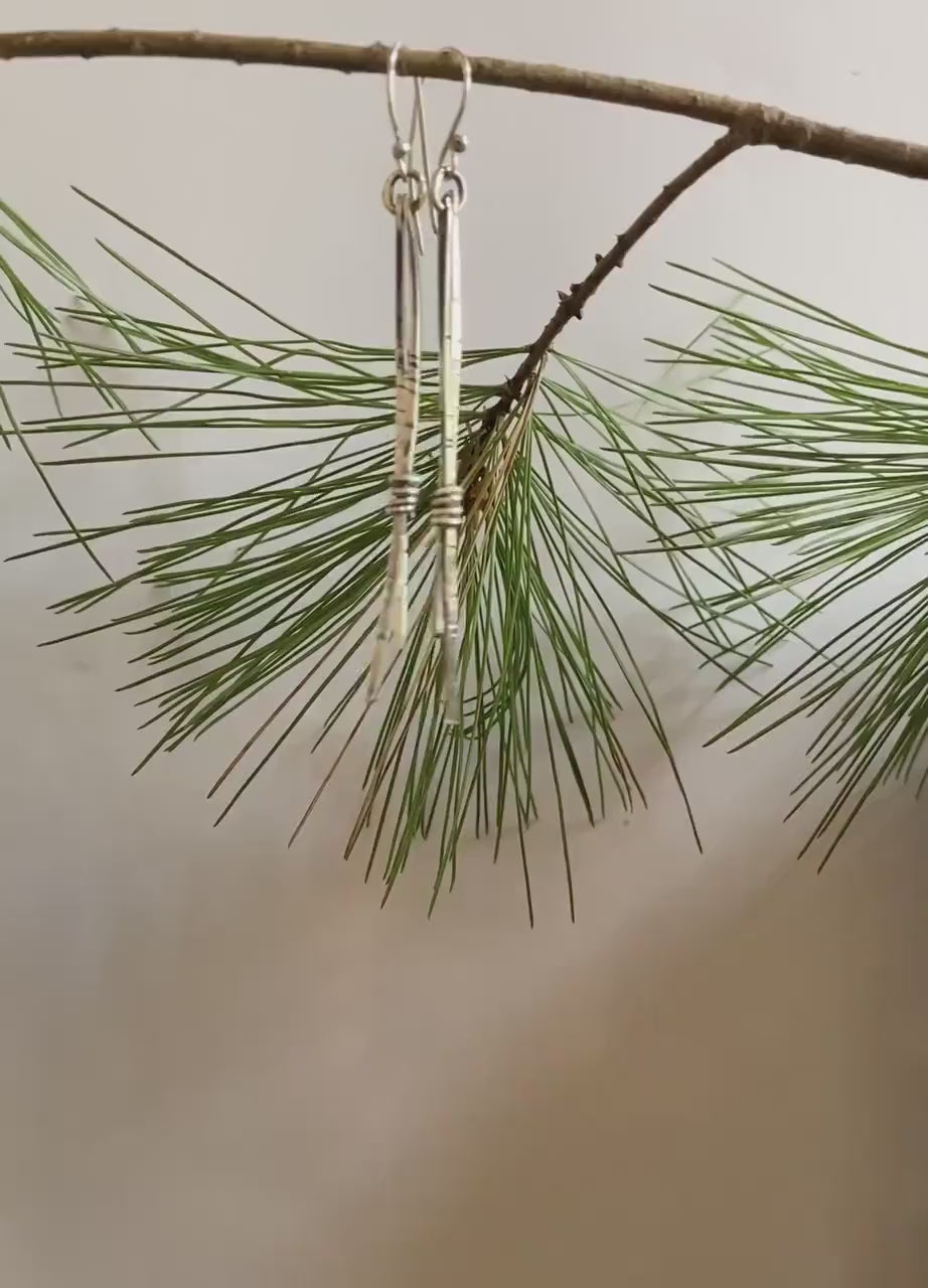 Norwegian Woods Long Silver Dangle Earrings Original Design Pine needle earrings Evitts Creek Lois McManus