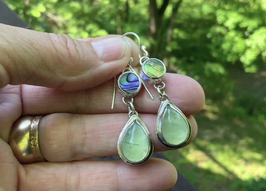 Prehnite & Abalone Drop Earrings - Stunning Blue-Green Mix