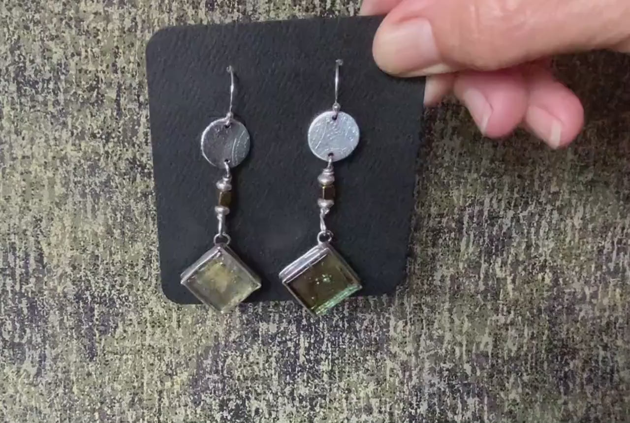 Sterling Silver Vintage Glass Tile Boho Dangle Earrings