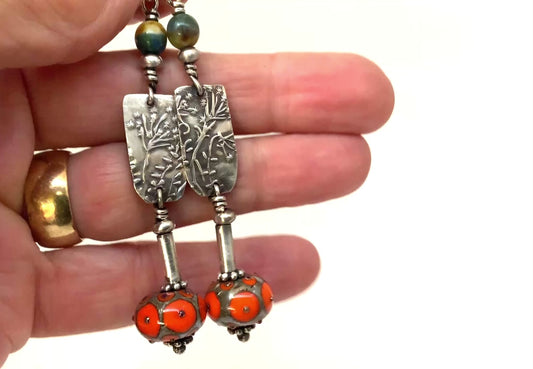 Queen Anne’s Lace and Lamp-work Bead Dangle Earrings