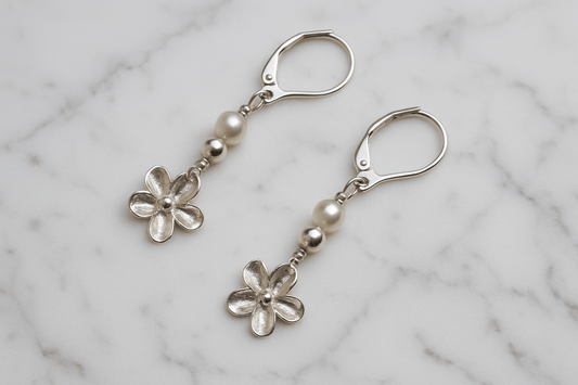 Silver Pearl and Flower Dangly Earrings - Evitts Creek Arts