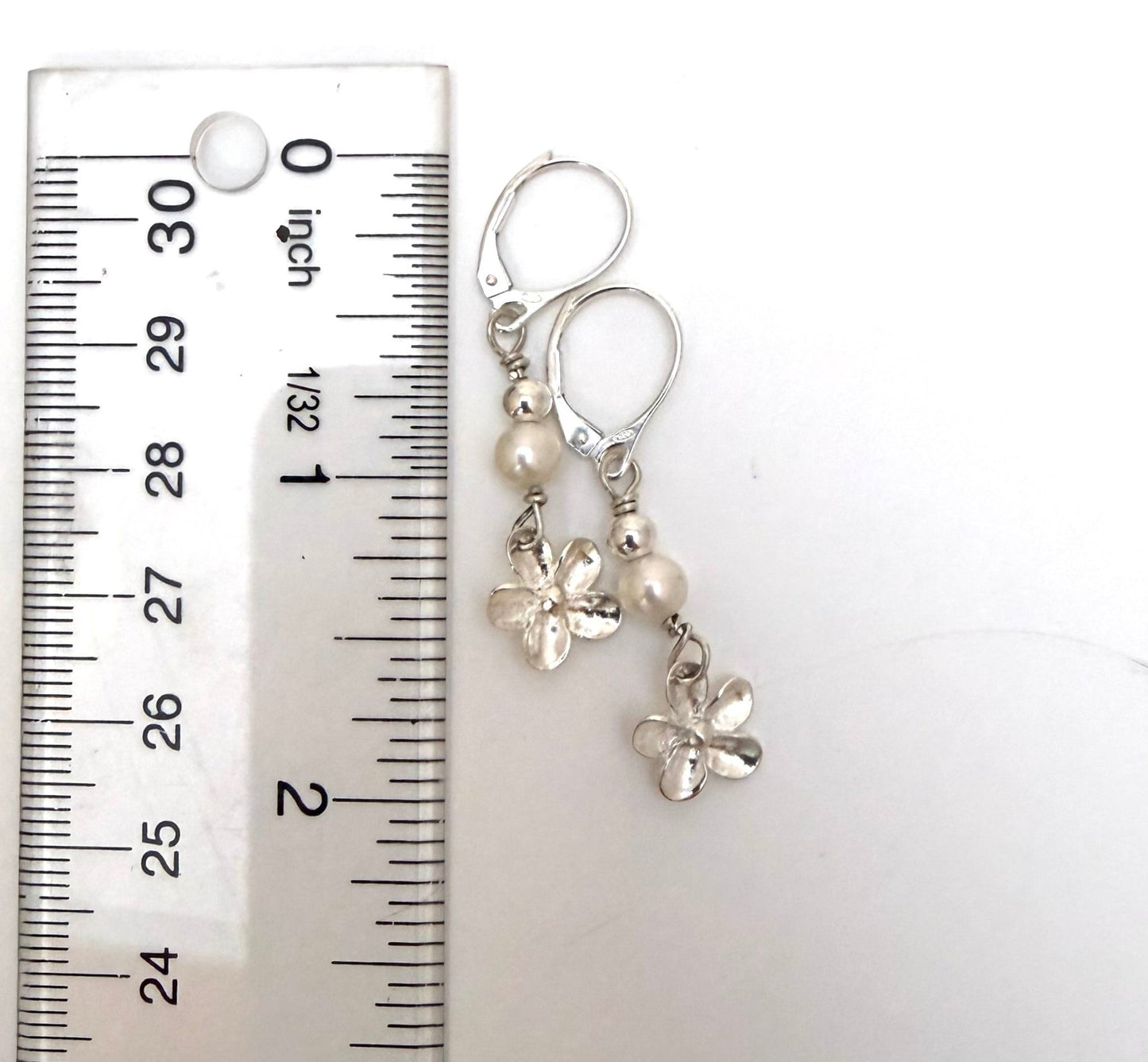 Silver Pearl and Flower Dangly Earrings - Evitts Creek Arts