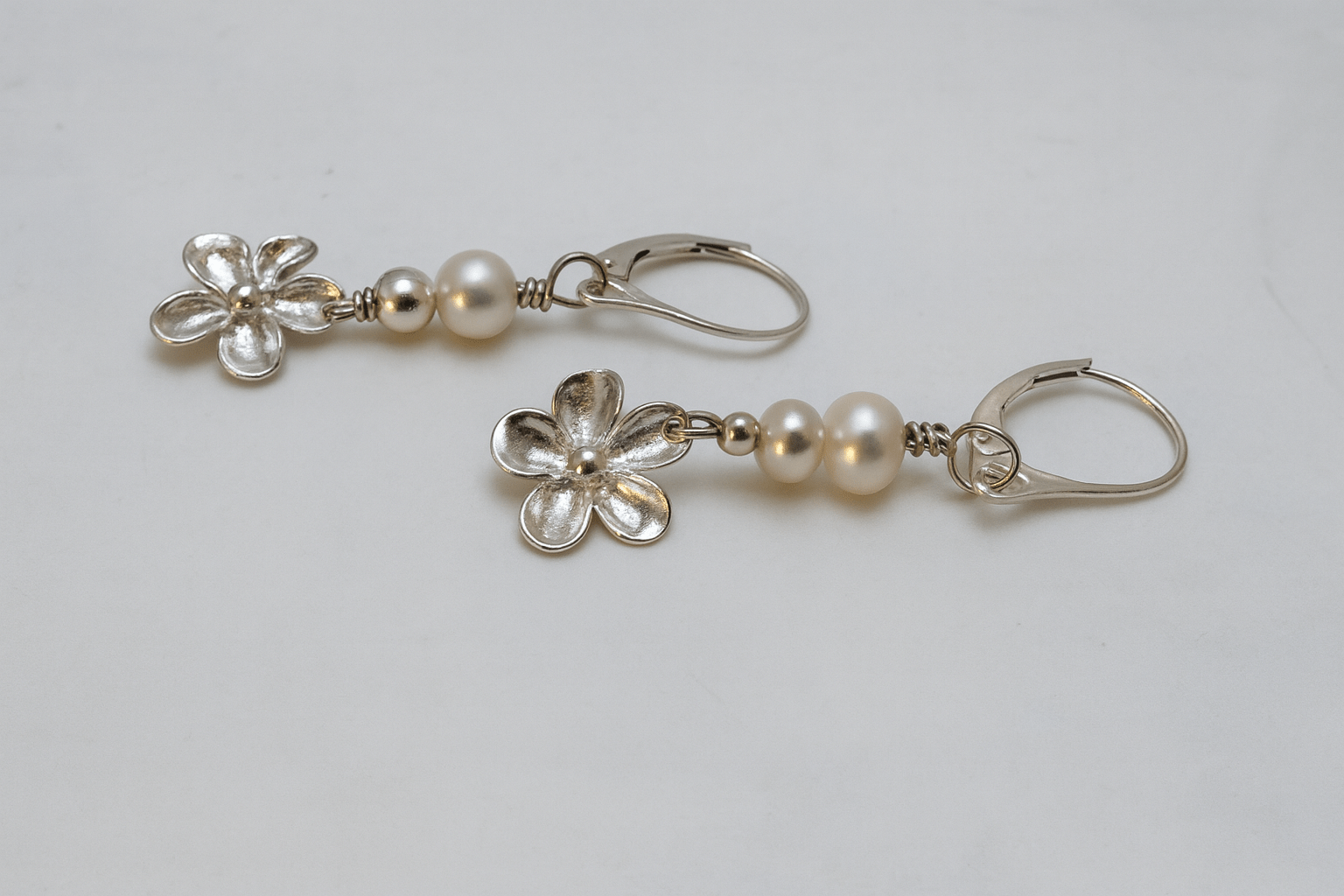 Silver Pearl and Flower Dangly Earrings - Evitts Creek Arts