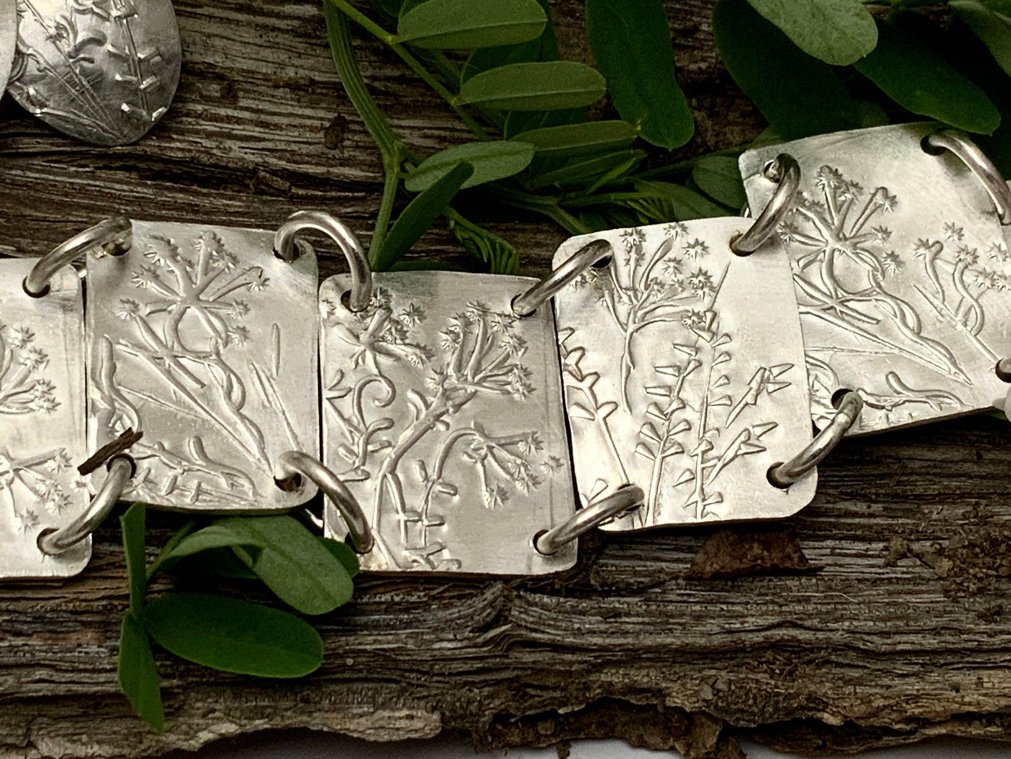 Wildflower Embossed Silver Link Bracelet with Matching Earrings - Evitts Creek Arts