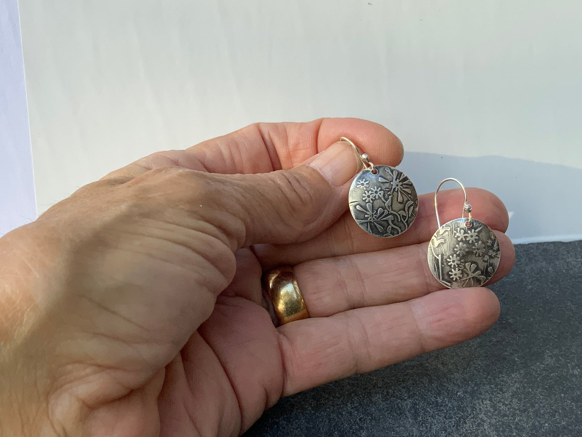 Embossed Flowers Silver Earrings - Evitts Creek Arts