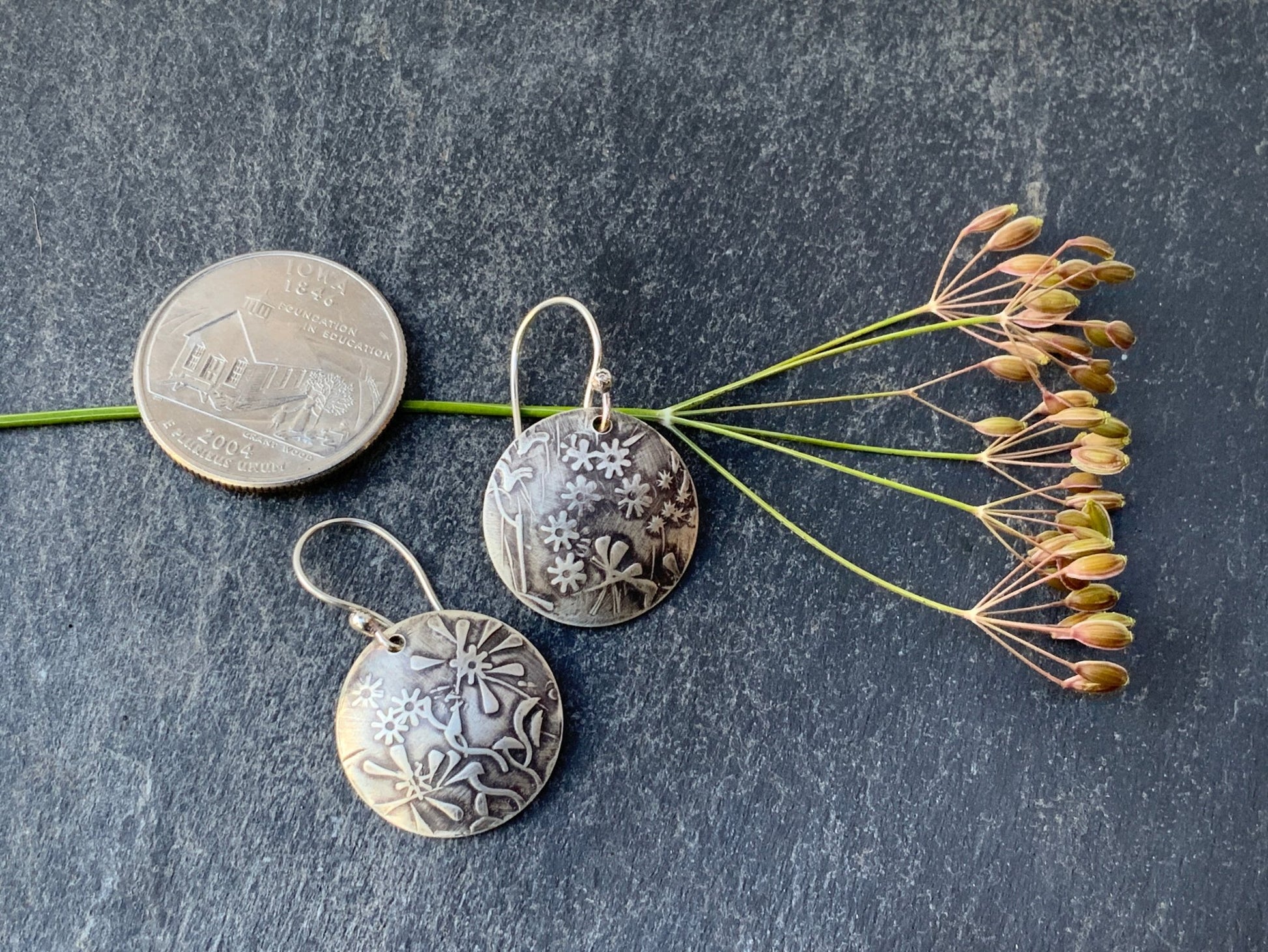 Embossed Flowers Silver Earrings - Evitts Creek Arts
