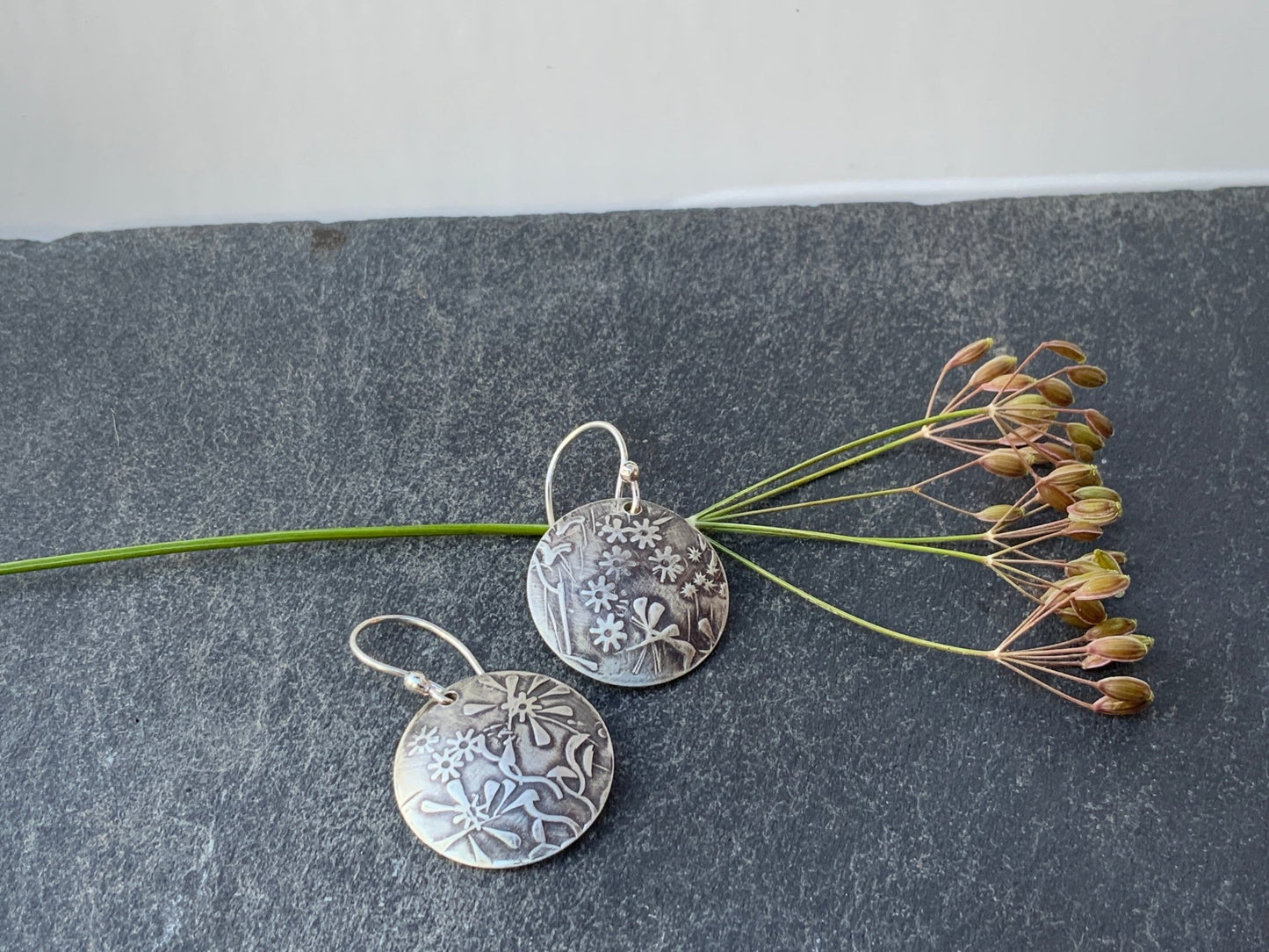Embossed Flowers Silver Earrings - Evitts Creek Arts
