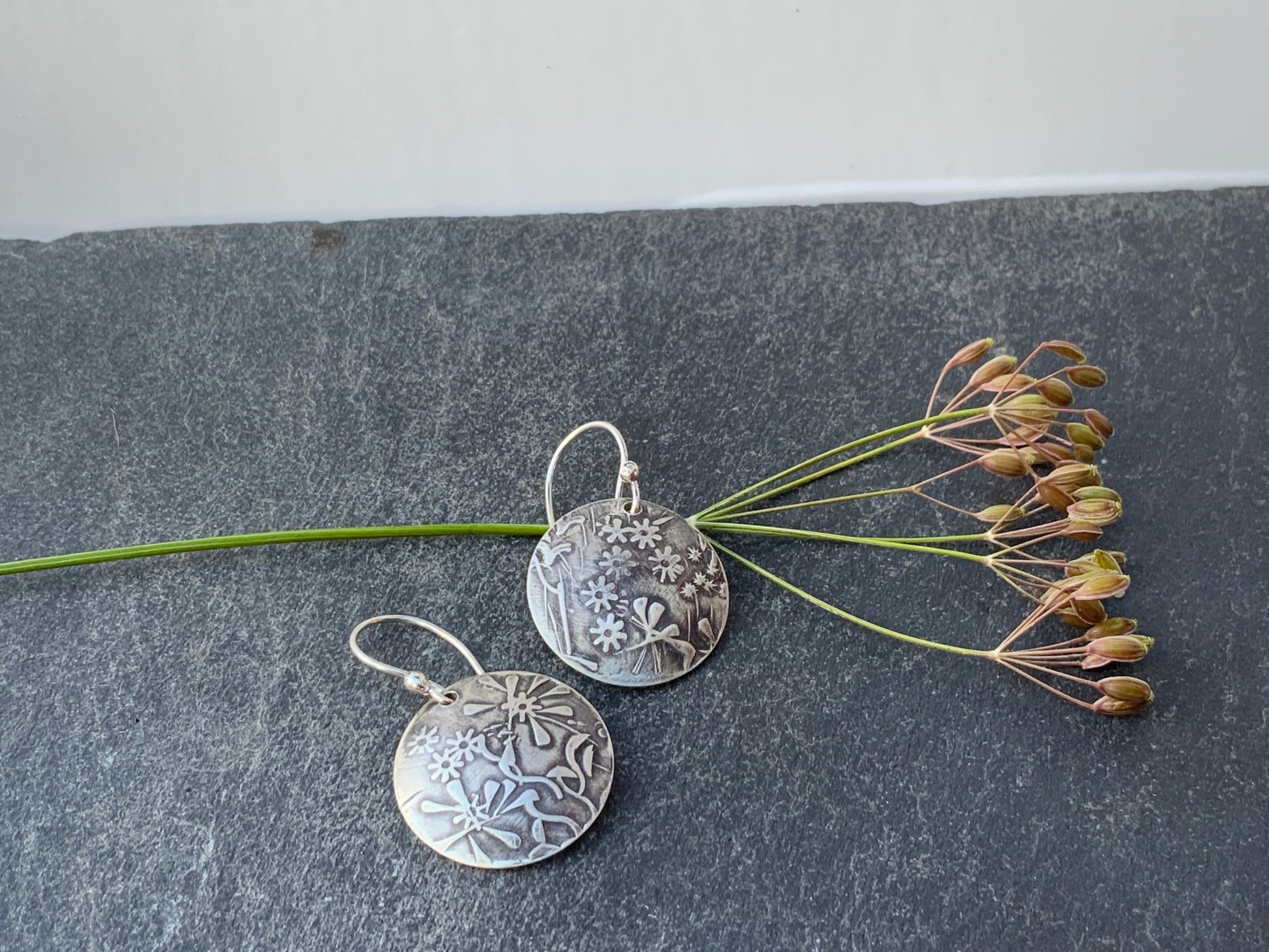 Embossed Flowers Silver Earrings - Evitts Creek Arts