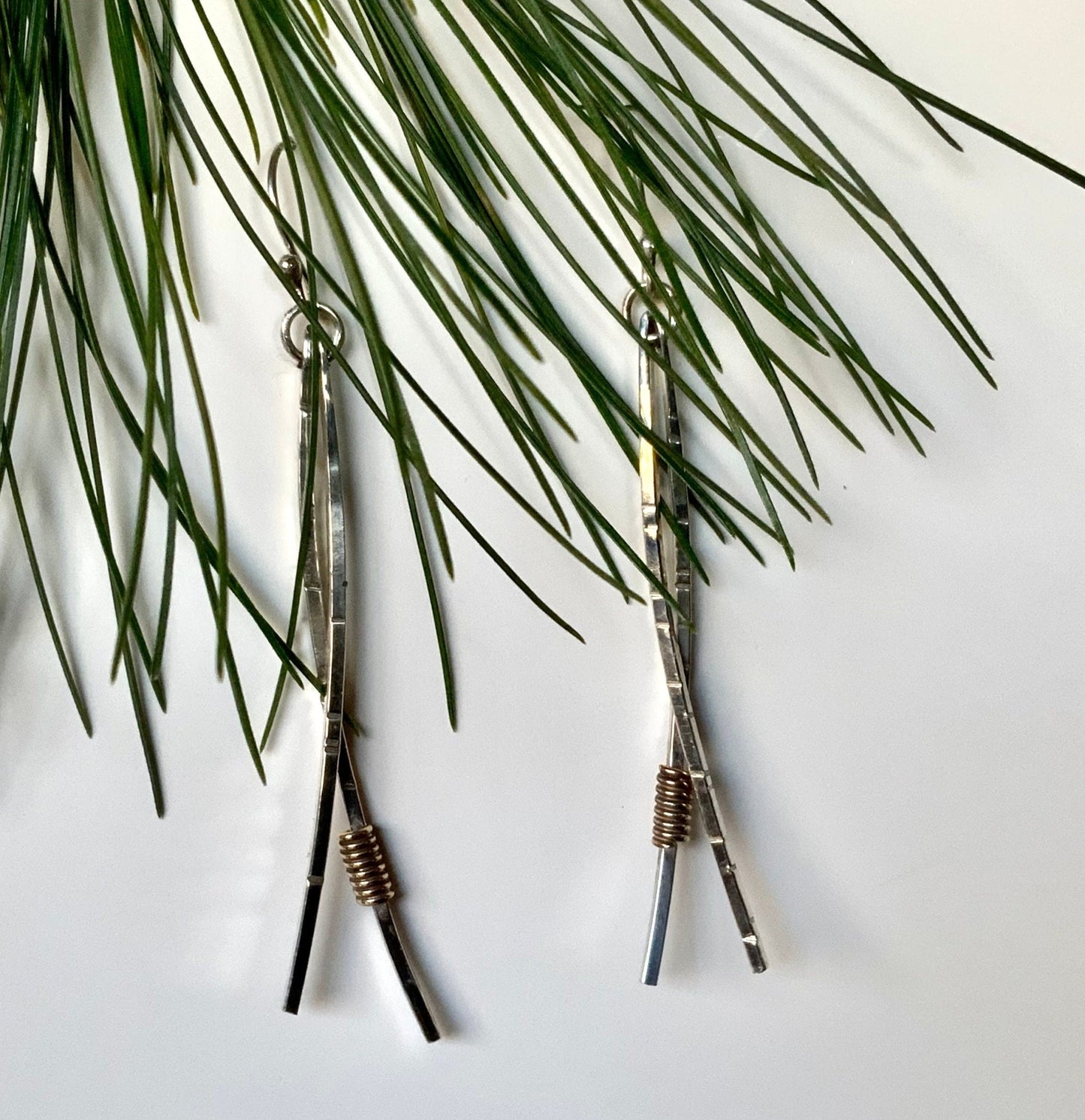 Norwegian Woods Pine Needle Earrings Sterling Silver and Brass - Evitts Creek Arts
