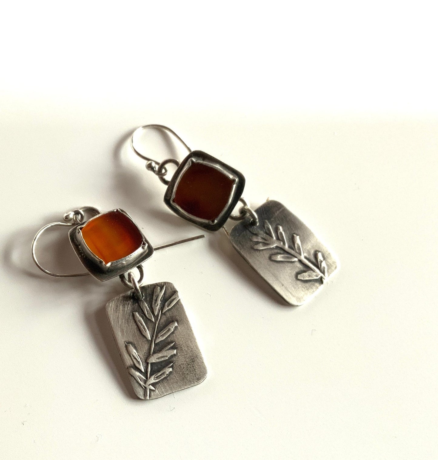 Rustic Carnelian and Leaf Silver Earrings - Evitts Creek Arts