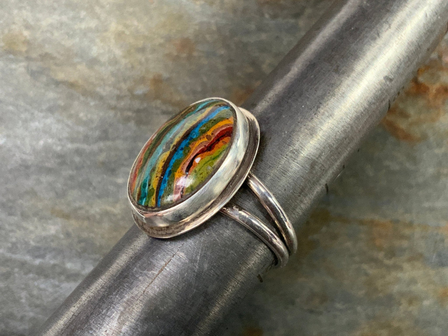 Sterling Silver Rainbow Calsilica Sz 8.5 Ring - Evitts Creek Arts