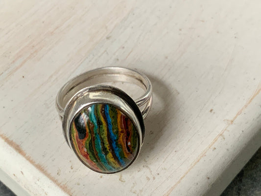 Sterling Silver Rainbow Calsilica Sz 8.5 Ring - Evitts Creek Arts