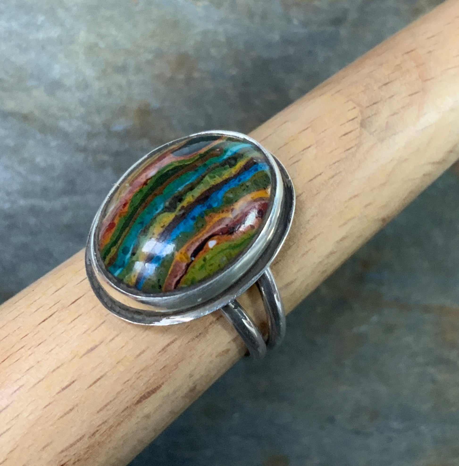 Sterling Silver Rainbow Calsilica Sz 8.5 Ring - Evitts Creek Arts