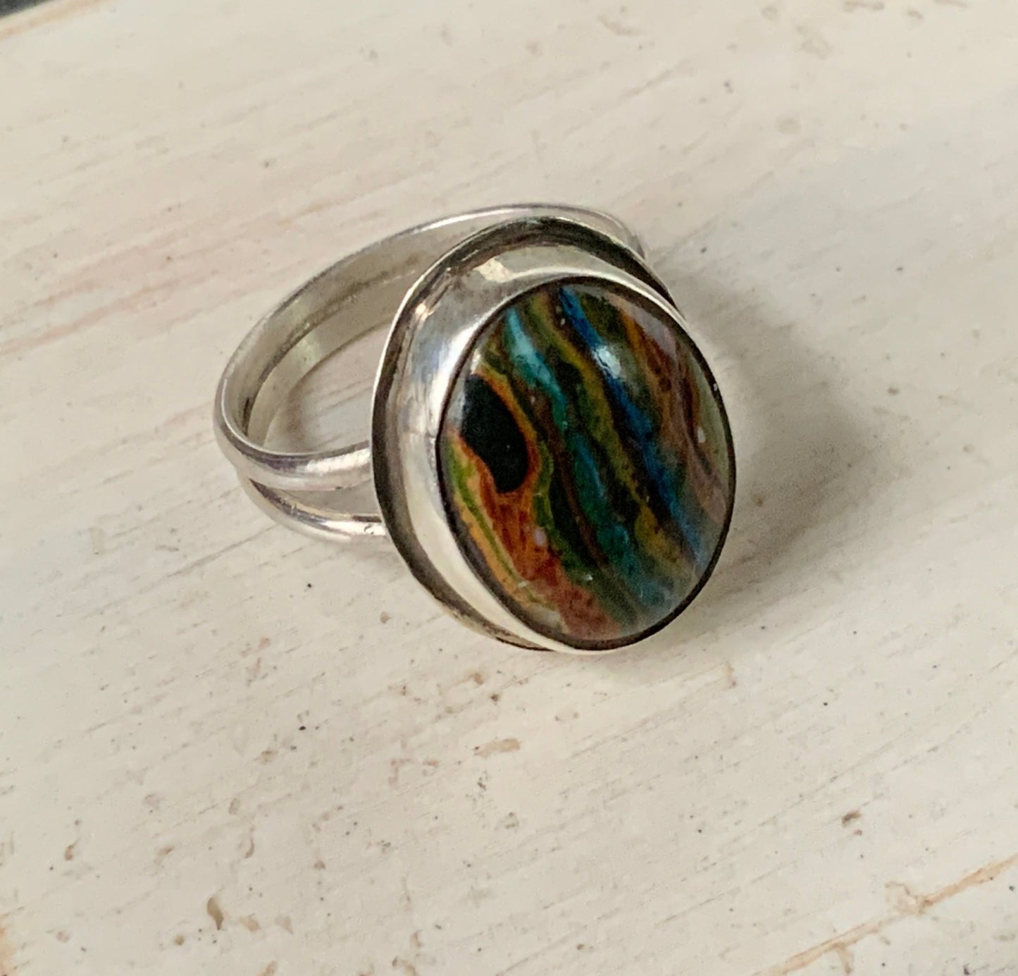 Sterling Silver Rainbow Calsilica Sz 8.5 Ring - Evitts Creek Arts