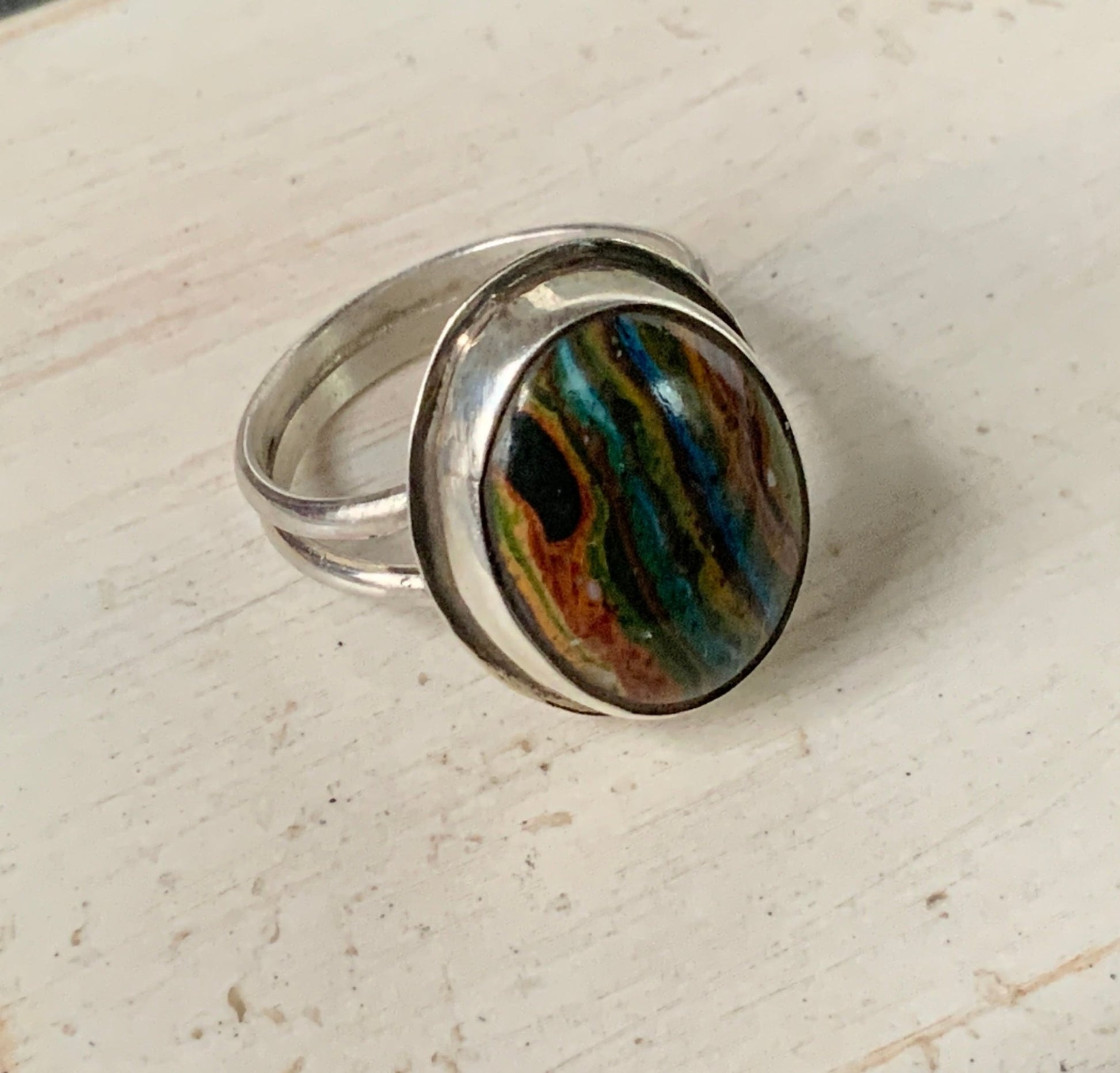 Sterling Silver Rainbow Calsilica Sz 8.5 Ring - Evitts Creek Arts