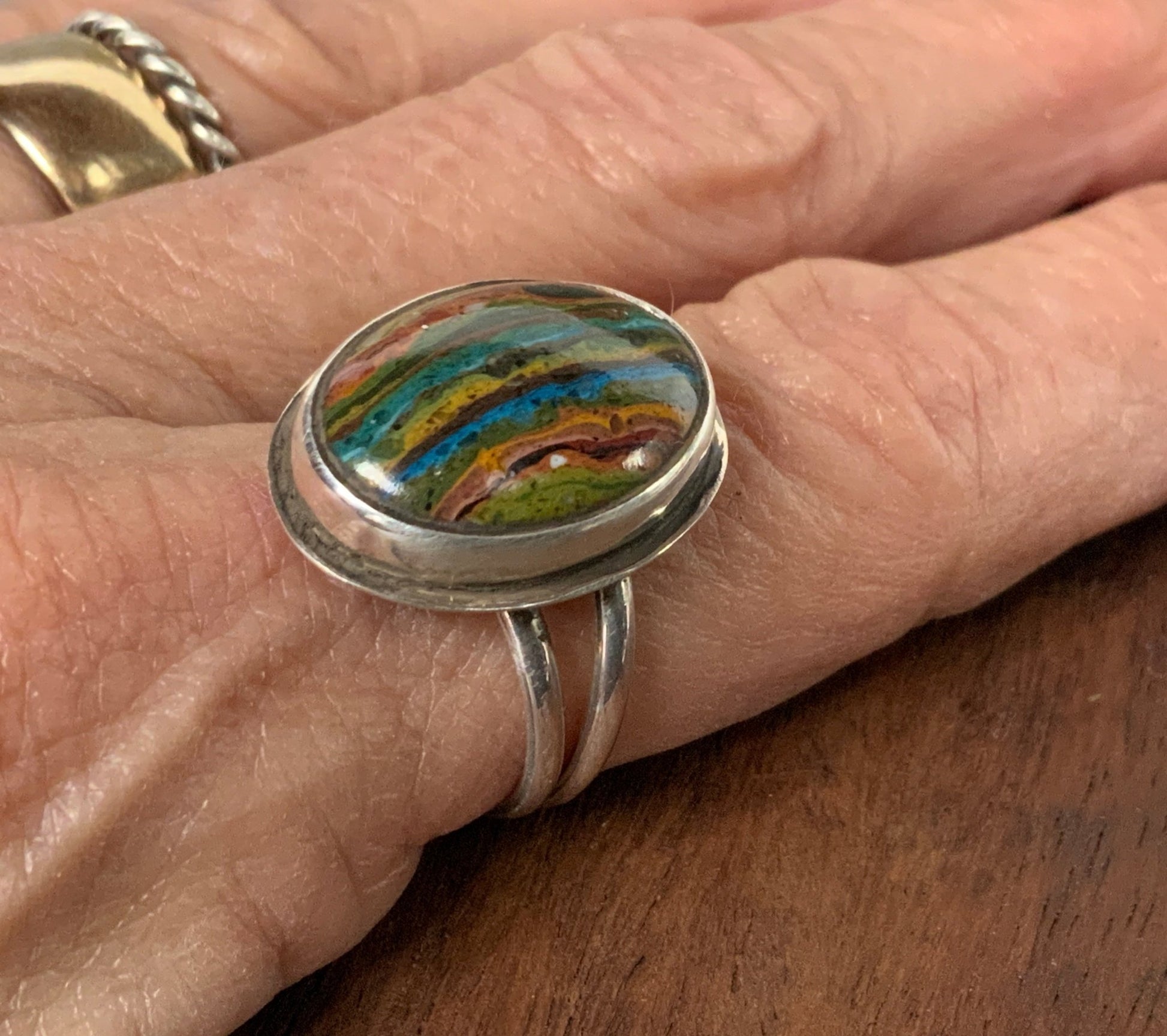 Sterling Silver Rainbow Calsilica Sz 8.5 Ring - Evitts Creek Arts