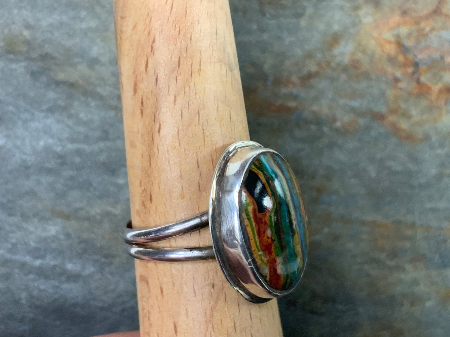 Sterling Silver Rainbow Calsilica Sz 8.5 Ring - Evitts Creek Arts
