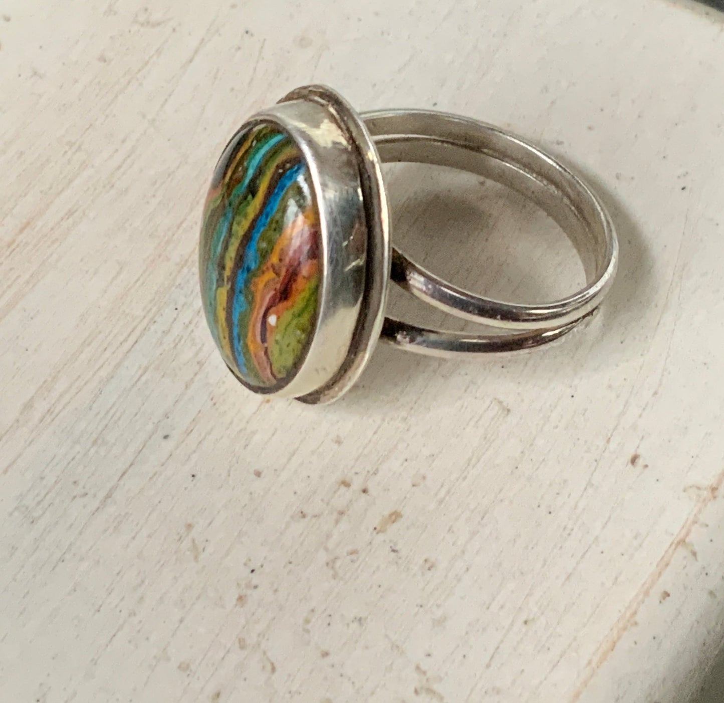 Sterling Silver Rainbow Calsilica Sz 8.5 Ring - Evitts Creek Arts