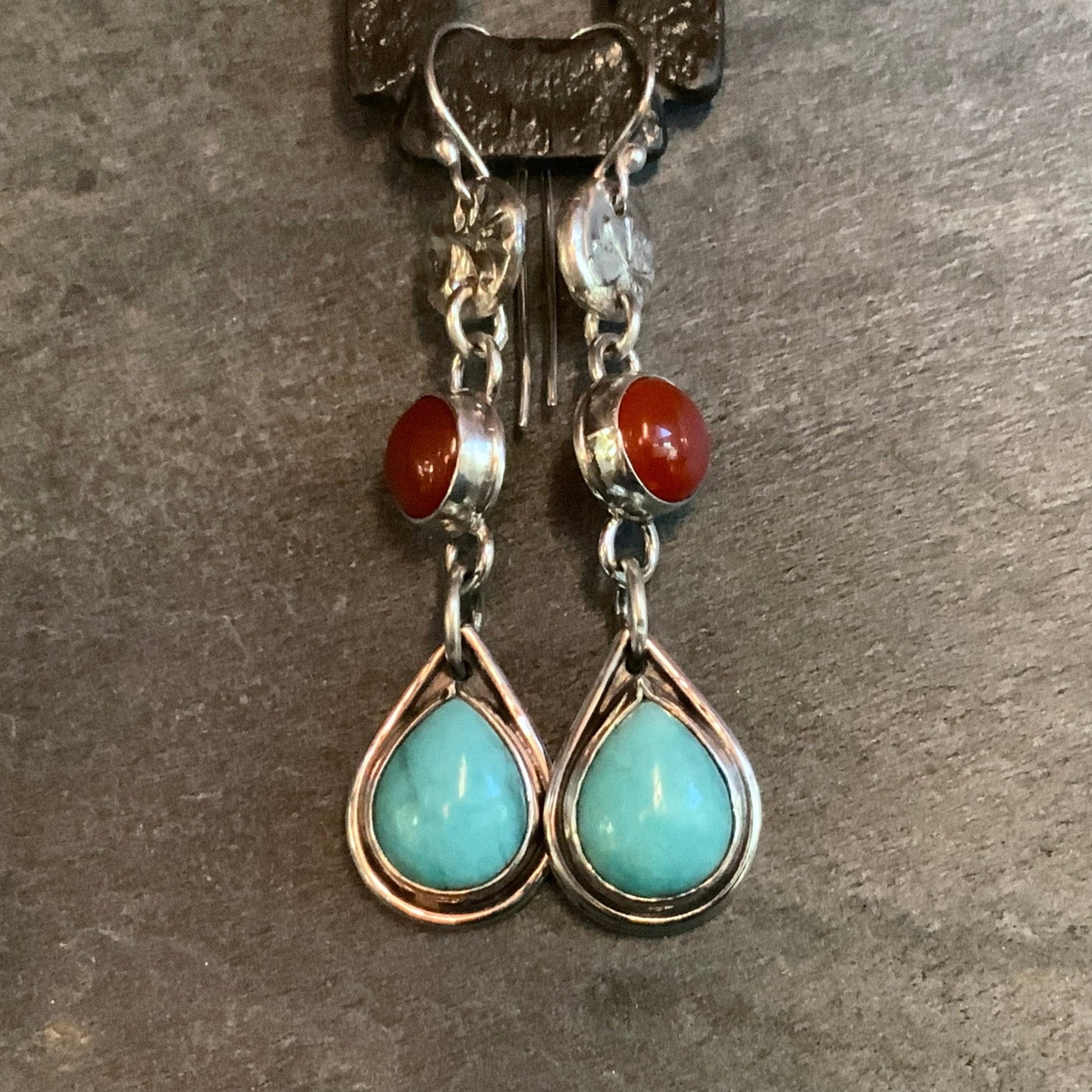 Sterling Silver Teardrop Amazonite and Carnelian Dangle Earrings - Evitts Creek Arts