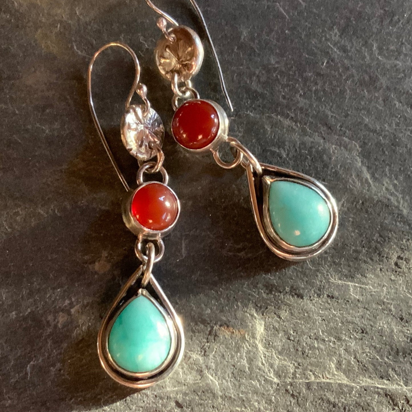 Sterling Silver Teardrop Amazonite and Carnelian Dangle Earrings - Evitts Creek Arts