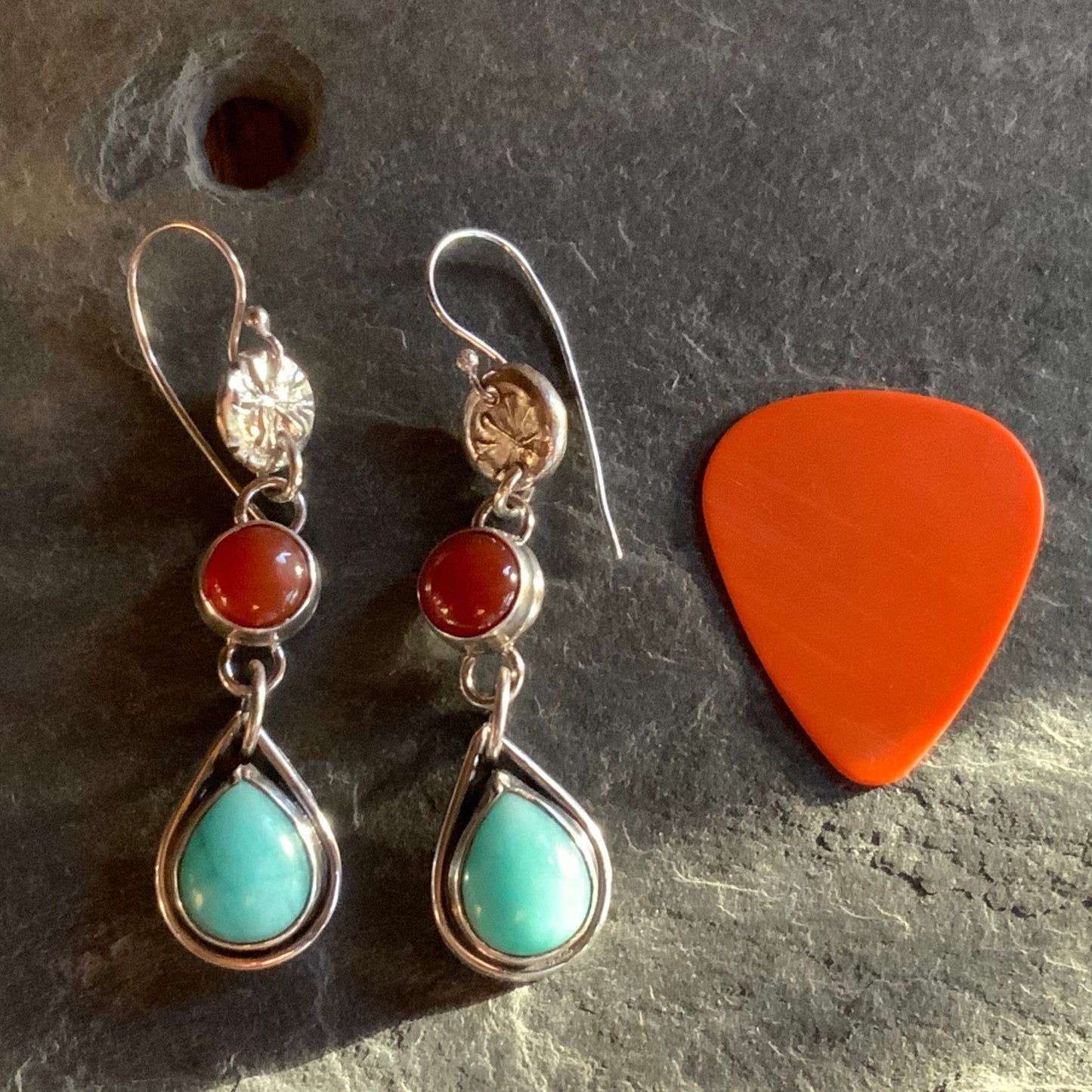 Sterling Silver Teardrop Amazonite and Carnelian Dangle Earrings - Evitts Creek Arts