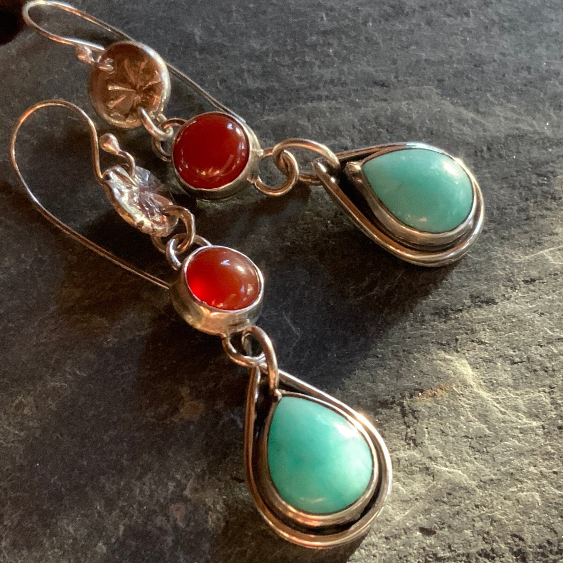 Sterling Silver Teardrop Amazonite and Carnelian Dangle Earrings - Evitts Creek Arts