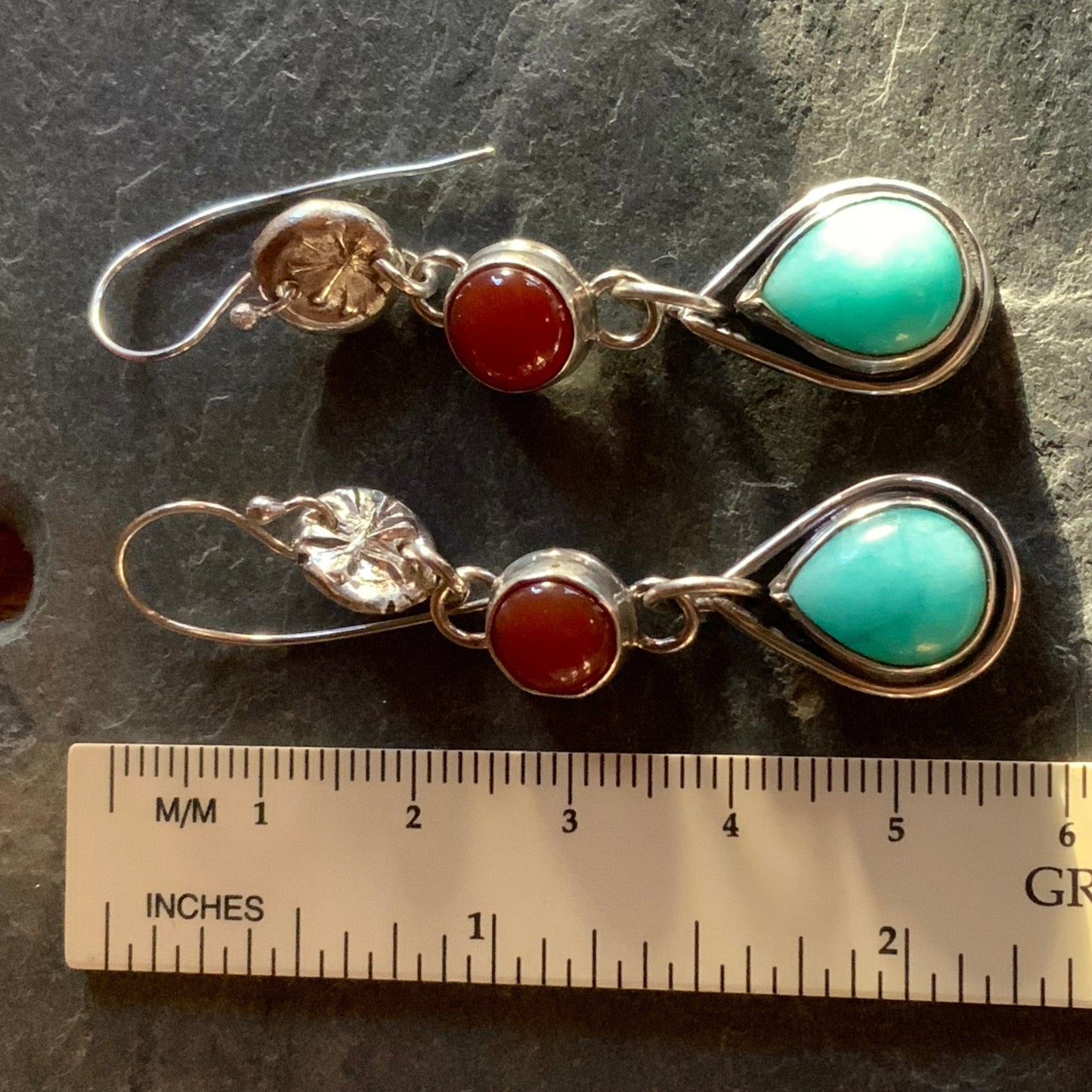 Sterling Silver Teardrop Amazonite and Carnelian Dangle Earrings - Evitts Creek Arts