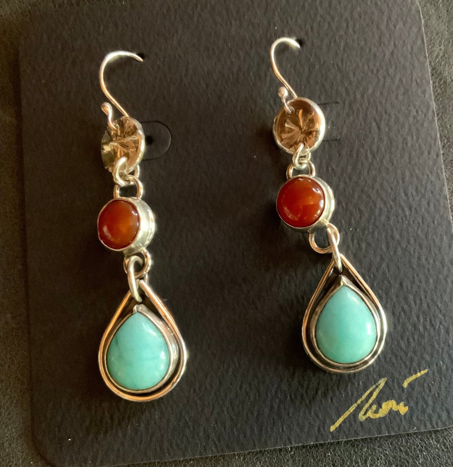 Sterling Silver Teardrop Amazonite and Carnelian Dangle Earrings - Evitts Creek Arts