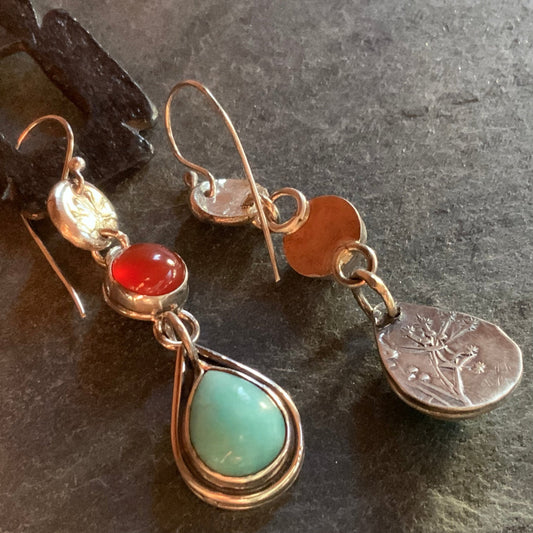 Sterling Silver Teardrop Amazonite and Carnelian Dangle Earrings - Evitts Creek Arts